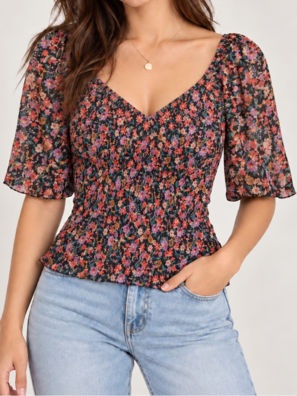 Evereve Ditsy Floral Print Smocked Flutter Sleeve Chiffon Blouse Small